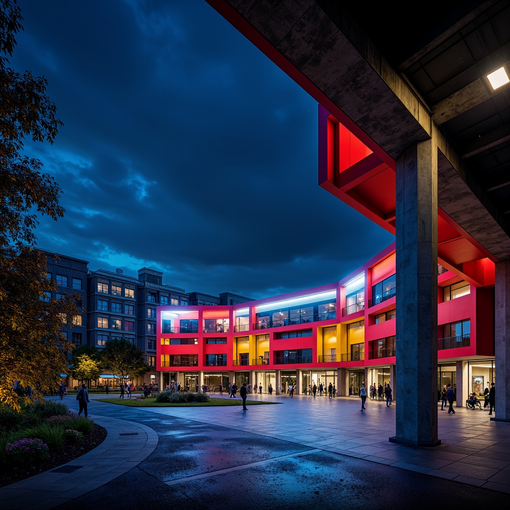 Prompt: Bauhaus-inspired stadium architecture, bold primary colors, bright red accents, deep blue tones, yellow highlights, geometric shapes, industrial materials, exposed concrete structures, steel beams, minimalist design, functional aesthetics, modernist influences, urban landscape, cityscape views, dramatic nighttime lighting, floodlights, vibrant color contrasts, high-contrast shadows, 1/1 composition, symmetrical framing, realistic textures, ambient occlusion.