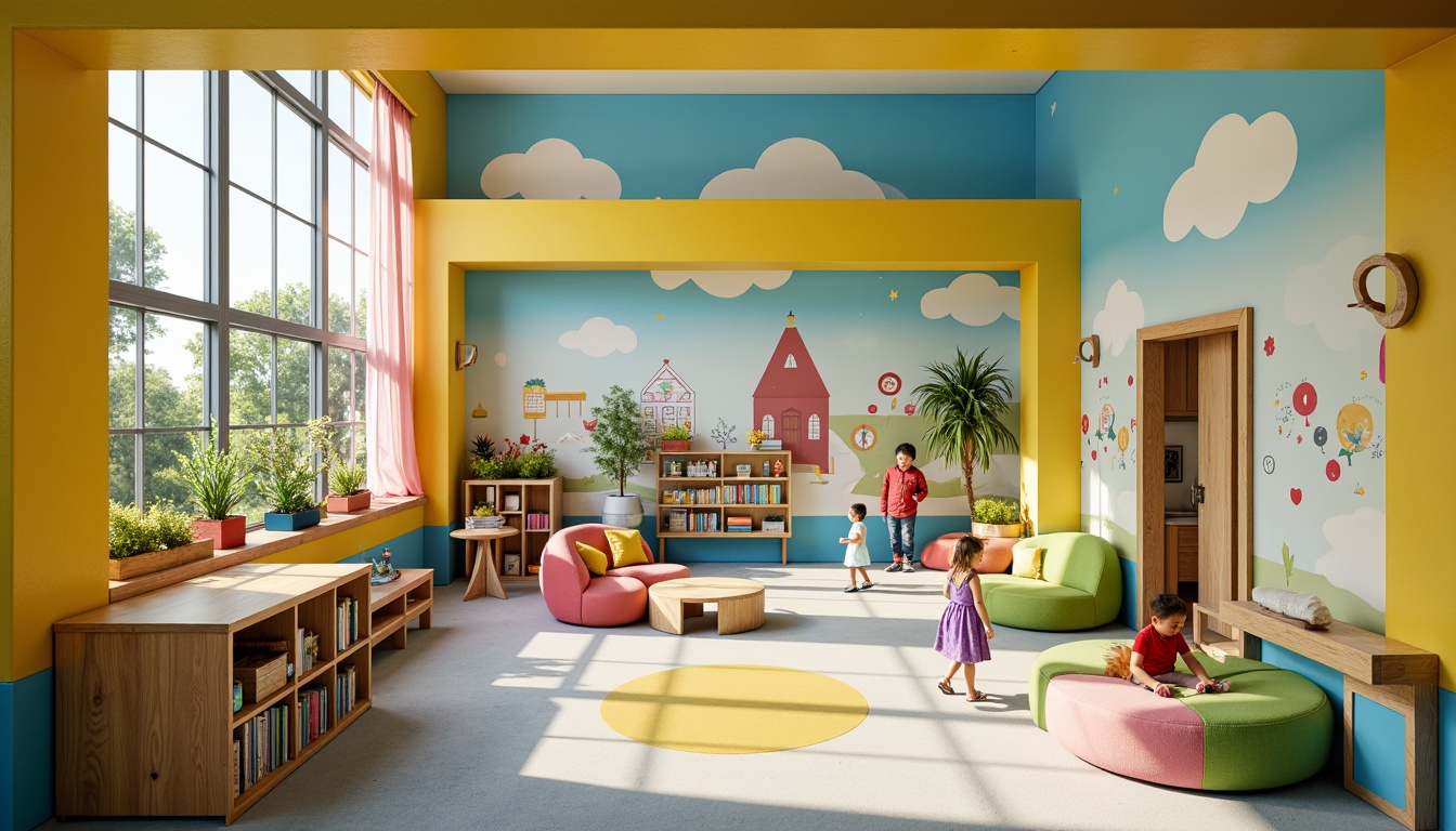 Prompt: Vibrant kindergarten social housing, playful color palette, bright yellow walls, sky blue accents, lime green furniture, soft pink curtains, natural wood textures, cozy reading nooks, educational murals, interactive play areas, sensory stimulation zones, collaborative learning spaces, diverse cultural decorations, inclusive community atmosphere, abundant natural light, warm sunny days, shallow depth of field, 1/1 composition, realistic textures, ambient occlusion.