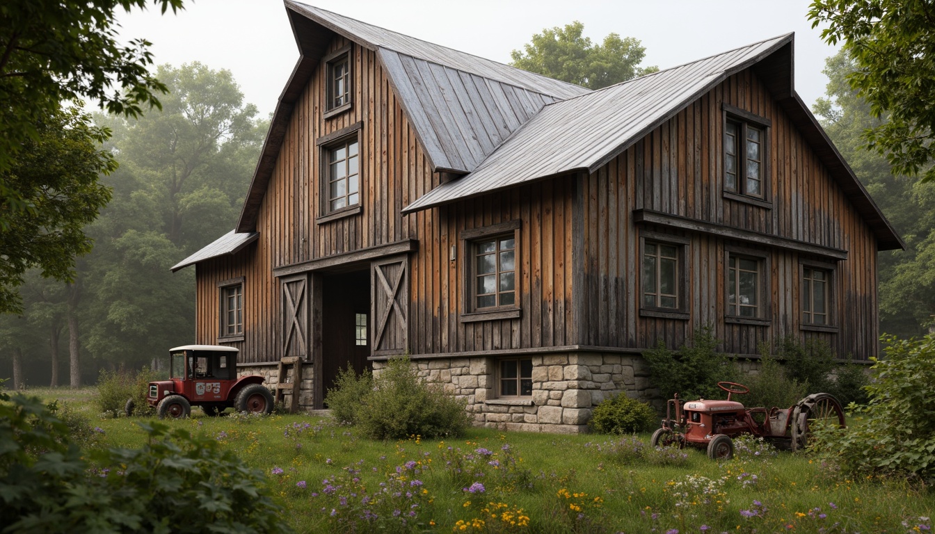 Prompt: Rustic barn, weathered wood planks, distressed finishes, earthy tones, natural stone foundations, wooden shutters, corrugated metal roofs, vintage farm equipment, overgrown wildflowers, lush greenery, misty morning, soft warm lighting, shallow depth of field, 3/4 composition, panoramic view, realistic textures, ambient occlusion.