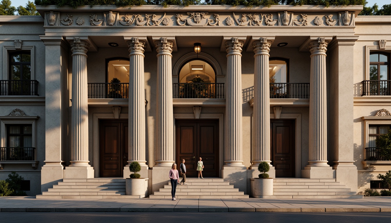 Prompt: Grand neoclassical building, ornate columns, intricately carved capitals, fluted shafts, ornamental pedestals, polished marble bases, symmetrical facade, rusticated quoins, arched windows, decorative cornices, classical pilasters, ornate friezes, sculpted metopes, triglyphs, acroteria, subtle warm lighting, shallow depth of field, 1/1 composition, realistic textures, ambient occlusion.