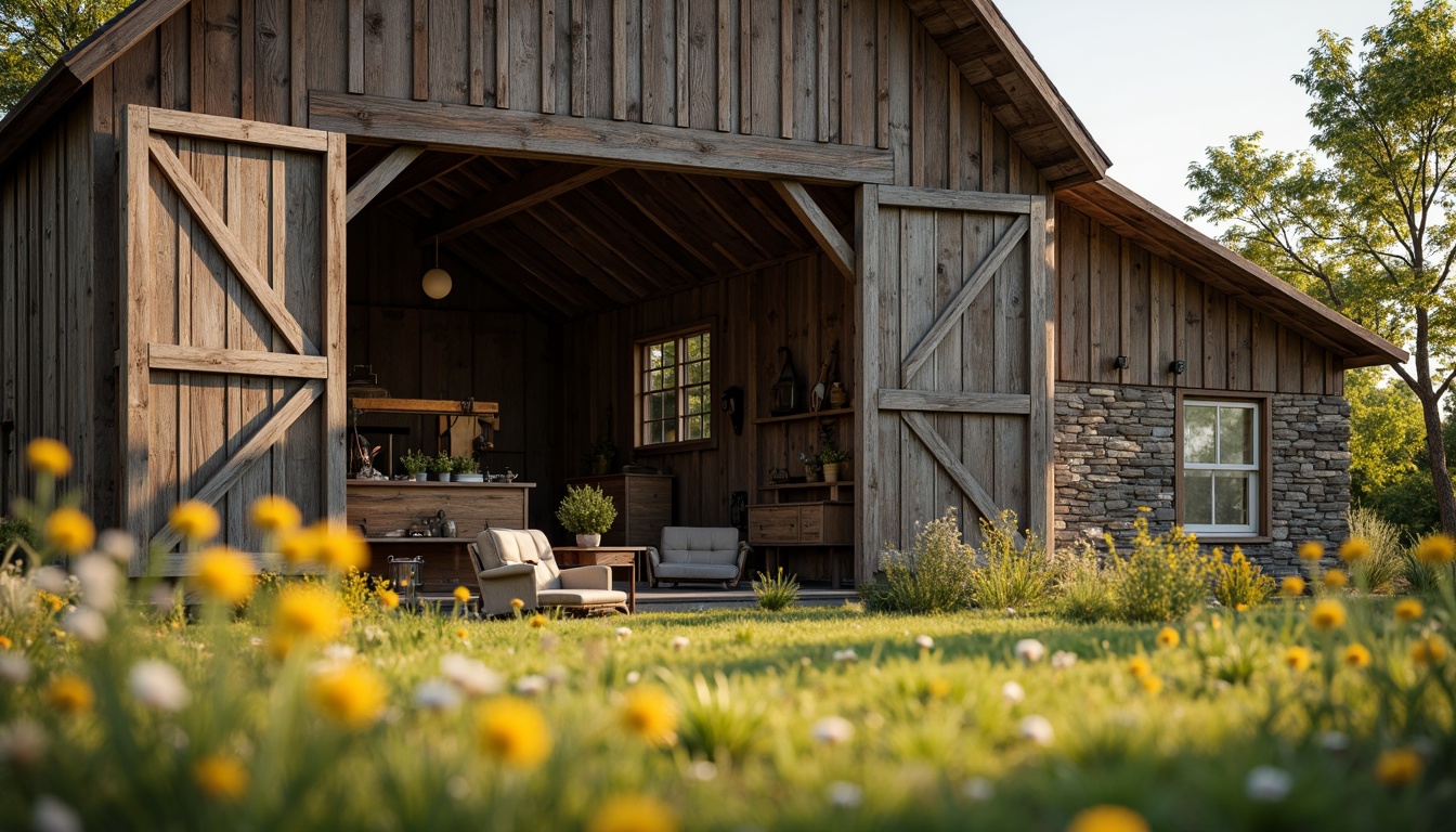 Prompt: Rustic barn, wooden beams, vintage farm tools, hayloft, natural stone walls, earthy color palette, curved rooflines, asymmetrical architecture, distressed wood textures, wildflower meadow, sunny afternoon, soft warm lighting, shallow depth of field, 1/1 composition, intimate close-up shots, realistic weathering effects, ambient occlusion.