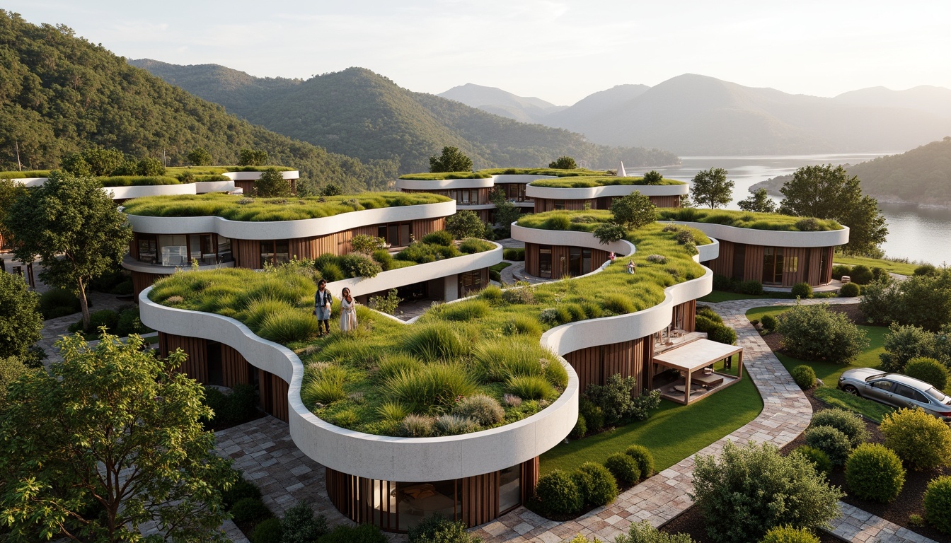 Prompt: Seamless building integration, lush green roofs, native plant species, natural stone walls, reclaimed wood accents, earthy color palette, organic forms, curved lines, minimal visual impact, surrounding landscape preservation, scenic views, abundant natural light, soft warm ambiance, shallow depth of field, 3/4 composition, panoramic view, realistic textures, ambient occlusion.