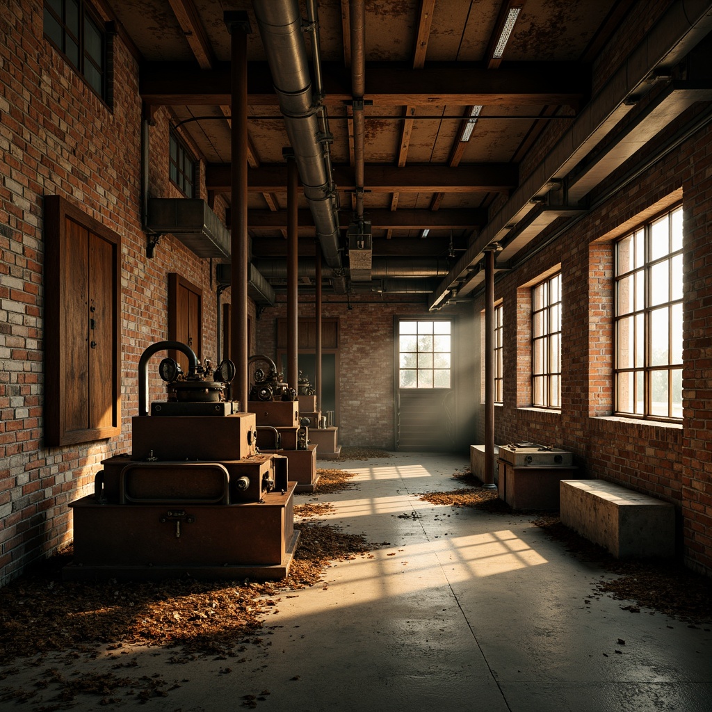 Prompt: Rustic industrial landscape, abandoned factories, distressed brick walls, metal pipes, worn concrete floors, vintage machinery, exposed ductwork, dimly lit atmosphere, warm golden lighting, shallow depth of field, 1/1 composition, realistic textures, ambient occlusion, muted color palette, earthy tones, weathered wood accents, metallic sheen, industrial-grade materials, functional design elements, utilitarian aesthetic, urban decay, post-apocalyptic ambiance.