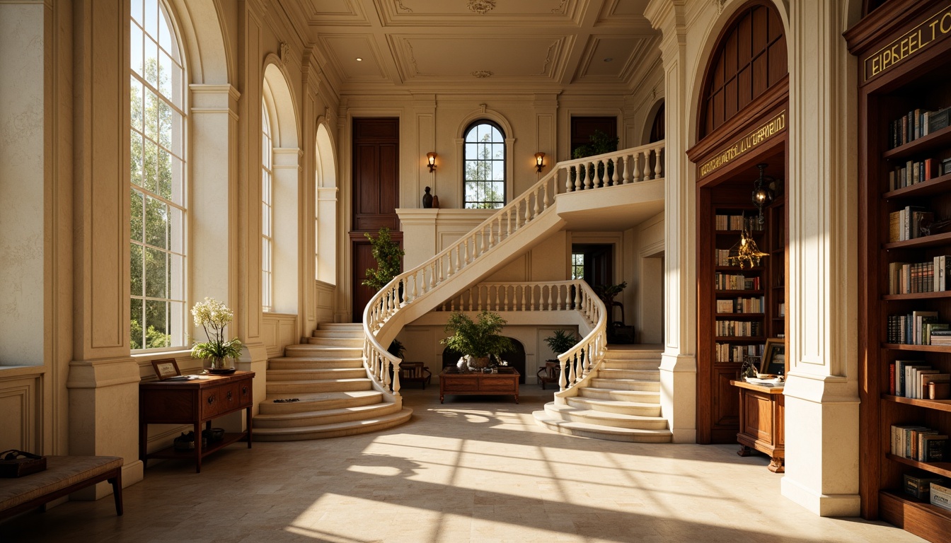 Prompt: Elegant research center, neoclassical architecture, cream-colored stone facades, ornate columns, grand entrance halls, sweeping staircases, rich wood paneling, leather-bound tomes, vintage scientific instruments, warm golden lighting, soft focus, shallow depth of field, 2/3 composition, symmetrical framing, realistic textures, subtle ambient occlusion.