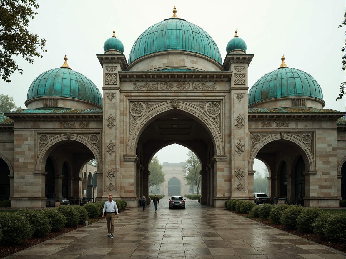 Prompt: Ancient Byzantine-inspired vehicular bridges, ornate arches, intricately carved stone facades, grandiose entrance gates, majestic pillars, vibrant turquoise domes, golden accents, rustic stonework, weathered copper roofs, mystical foggy atmosphere, soft warm lighting, shallow depth of field, 1/2 composition, symmetrical framing, realistic textures, ambient occlusion.