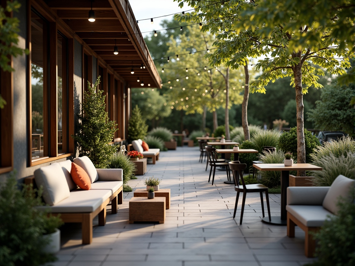 Prompt: Cozy coffee shop patio, rustic wooden benches, plush cushions, natural stone flooring, lush greenery, vibrant flowers, modern metal tables, minimalist chairs, warm string lighting, soft ambient glow, shallow depth of field, 3/4 composition, panoramic view, realistic textures, ambient occlusion.