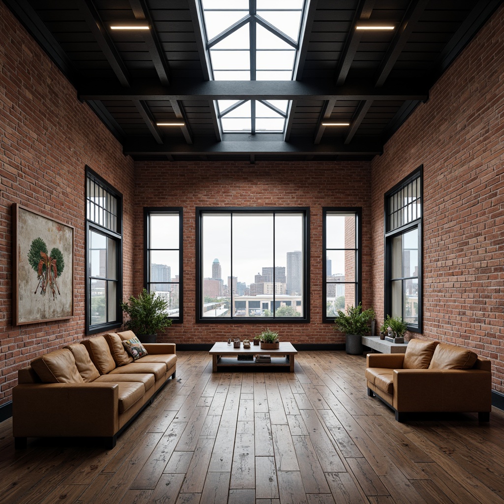 Prompt: Exposed brick walls, industrial metal beams, reclaimed wood floors, minimalist decor, urban cityscape views, large windows, clerestory windows, skylights, natural ventilation, airy open spaces, postmodernist architectural elements, distressed finishes, eclectic furniture, abstract artwork, moody atmospheric lighting, warm color palette, soft shadows, high contrast ratio, 1/1 composition, shallow depth of field, realistic textures, ambient occlusion.