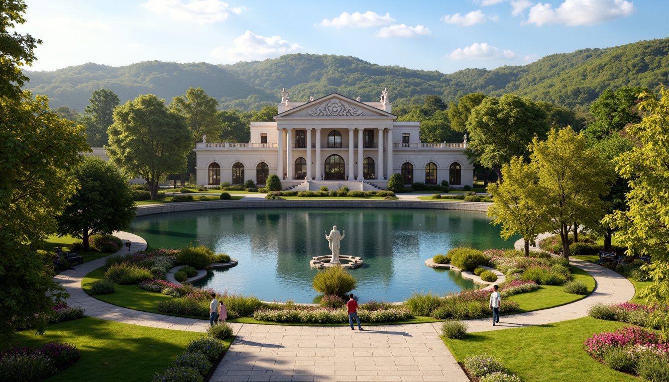 Prompt: Grand neoclassical mansion, symmetrical facade, ornate columns, carved stone details, lush greenery, rolling hills, serene lake, walking paths, benches, classical statues, vibrant flowers, blooming trees, sunny day, soft warm lighting, shallow depth of field, 3/4 composition, panoramic view, realistic textures, ambient occlusion, harmonious integration with nature, elegant landscaping, manicured lawns, decorative fountains, ornate iron gates.