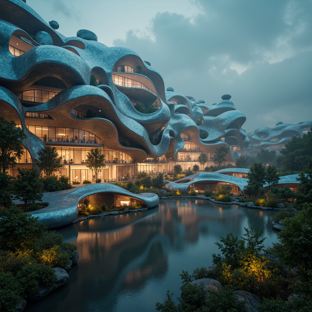 Prompt: Organic energy plant, curvaceous blob-like structures, iridescent bioluminescent skin, translucent membranes, undulating tendrils, fractal patterns, soft glowing accents, misty atmospheric effects, warm ambient lighting, shallow depth of field, 1/1 composition, realistic textures, ambient occlusion, futuristic sustainable design, eco-friendly materials, innovative energy harvesting systems, solar panels, wind turbines, water conservation systems, green roofs, vibrant colorful accents, intricate geometric motifs.