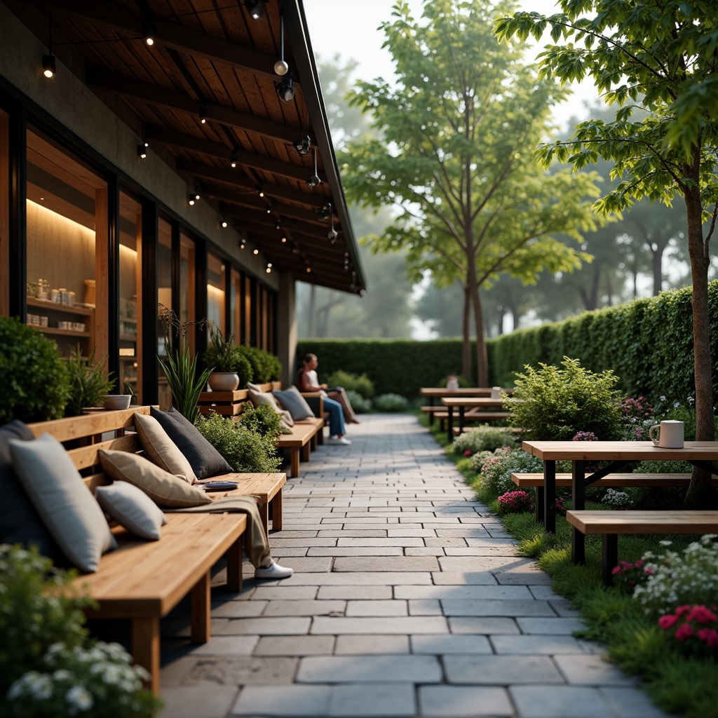 Prompt: Cozy coffee shop patio, rustic wooden benches, plush cushions, natural stone flooring, lush greenery, vibrant flowers, modern metal tables, minimalist chairs, warm string lighting, soft ambient glow, shallow depth of field, 3/4 composition, panoramic view, realistic textures, ambient occlusion.