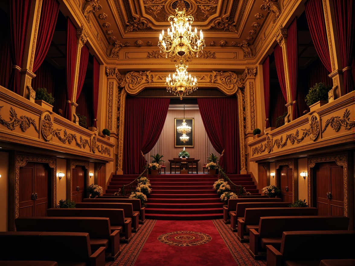 Prompt: Ornate cinema palace, luxurious velvet curtains, golden ornamental details, rich wood paneling, intricate plasterwork, grandiose chandeliers, red carpeted stairs, opulent furnishings, Baroque-inspired architecture, warm soft lighting, shallow depth of field, 1/1 composition, cinematic camera angles, realistic textures, ambient occlusion, dramatic shadows, high-contrast lighting, mysterious atmosphere.