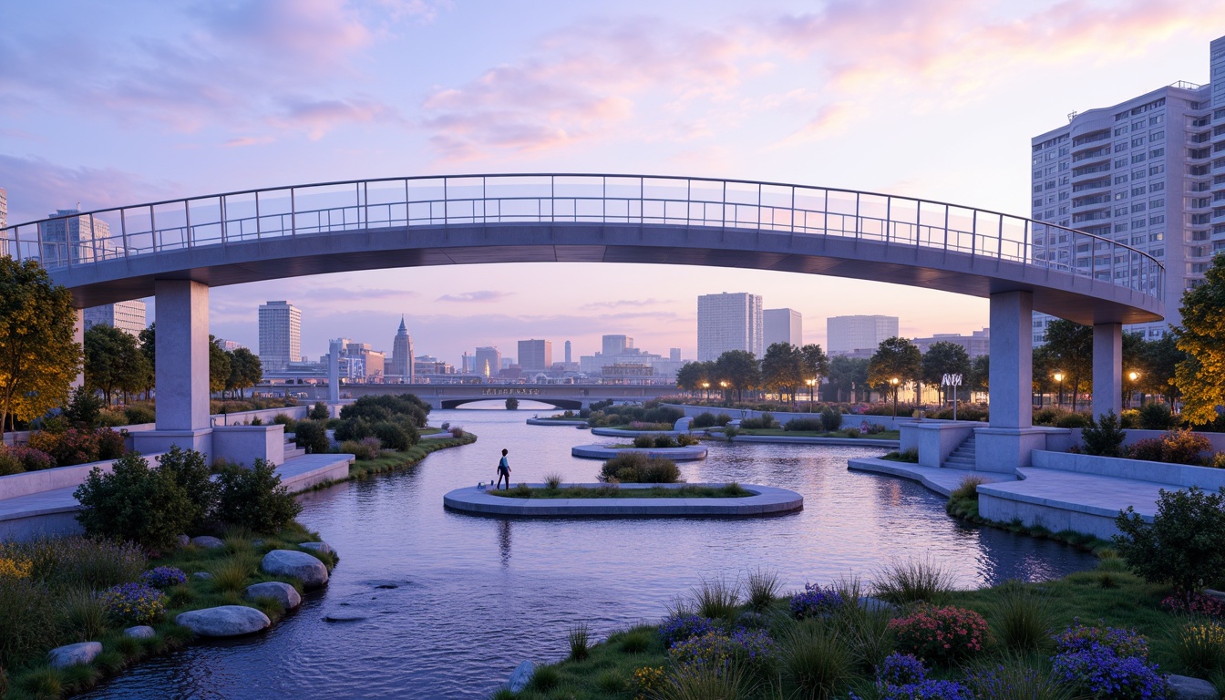 Prompt: Lavender blue pedestrian bridge, sleek modern architecture, curved lines, stainless steel railings, glass floors, transparent canopies, soft warm lighting, misty morning atmosphere, serene urban landscape, vibrant city skyline, lush greenery, blooming flowers, natural stone piers, gentle water flow, shallow depth of field, 1/2 composition, realistic textures, ambient occlusion.