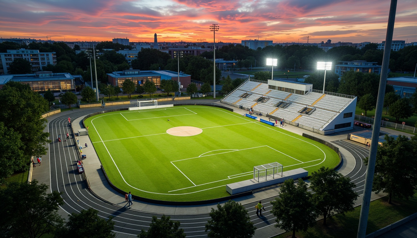 Prompt: Natural grass fields, athletic tracks, sports equipment, goalposts, bleachers, scoreboard, floodlights, evening ambiance, warm sunset lighting, shallow depth of field, 3/4 composition, panoramic view, realistic textures, ambient occlusion, modern sports facility architecture, sleek metal structures, durable concrete surfaces, vibrant team colors, dynamic crowd scenes, energetic atmosphere, safety fencing, accessible walkways, parking lots, surrounding trees, lush landscaping.