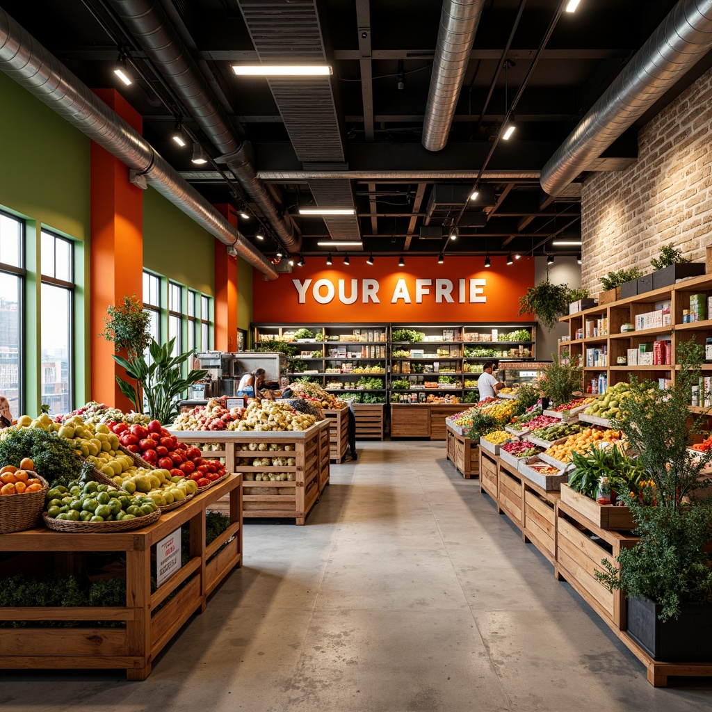 Prompt: Vibrant grocery store interior, bold color scheme, bright signage, fresh produce displays, wooden crates, metal shelves, modern lighting fixtures, polished concrete floors, natural stone walls, eclectic decorative accents, lively atmosphere, warm inviting ambiance, shallow depth of field, 1/1 composition, realistic textures, ambient occlusion.