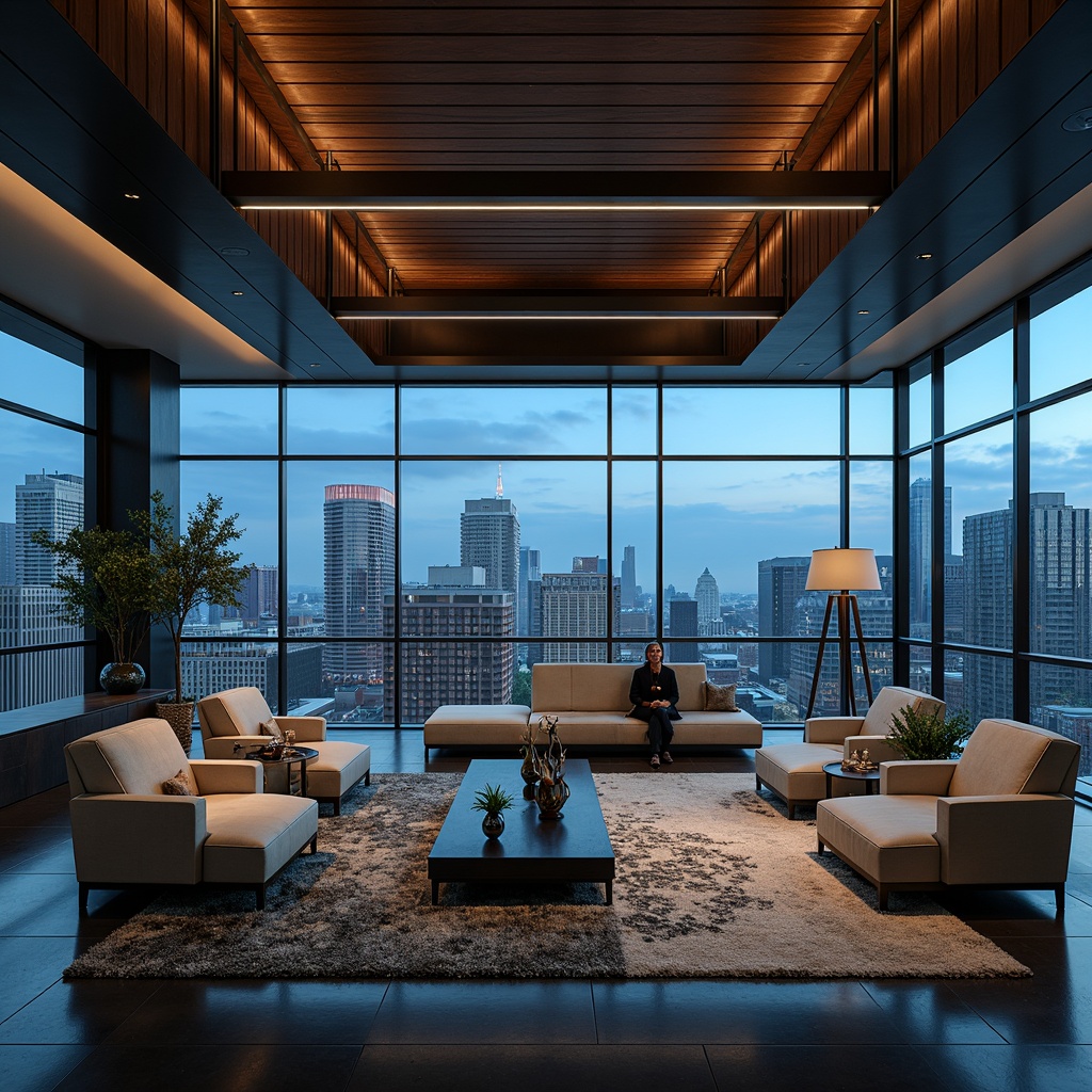 Prompt: Luxurious penthouse, sleek modern architecture, floor-to-ceiling windows, panoramic city views, lavish furnishings, rich wood accents, metallic finishes, bold color scheme, deep blues, emerald greens, warm neutrals, creamy whites, velvety blacks, sophisticated textures, ambient lighting, dramatic shadows, 3/4 composition, realistic reflections, high-end materials, opulent decor.