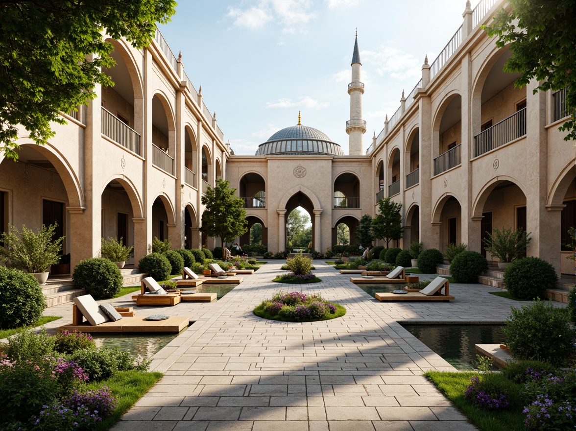 Prompt: Serenity-inducing mosque courtyard, lush greenery, vibrant flowers, intricately patterned tiles, Islamic-inspired arches, majestic minarets, natural stone walkways, water features, reflection pools, peaceful ambiance, soft warm lighting, shallow depth of field, 3/4 composition, panoramic view, realistic textures, ambient occlusion, sustainable materials, rainwater harvesting systems, green roofs, eco-friendly irrigation systems, innovative shading devices, misting systems, Arabic-inspired calligraphy, vibrant colorful textiles, intricate geometric motifs.