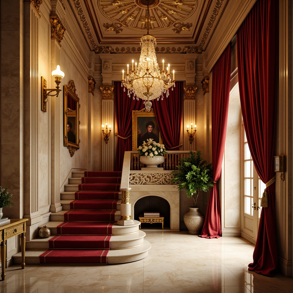 Prompt: Rich velvet curtains, ornate golden details, grand chandeliers, red carpeted stairs, intricate moldings, Baroque-inspired architecture, warm beige stone walls, soft cream-colored marble floors, lavish furnishings, dramatic spotlights, warm golden lighting, shallow depth of field, 1/2 composition, realistic textures, ambient occlusion, Renaissance-era inspired color palette, rich jewel tones, deep crimson reds, emerald greens, sapphire blues, luxurious fabrics, ornate patterns, gilded accents.