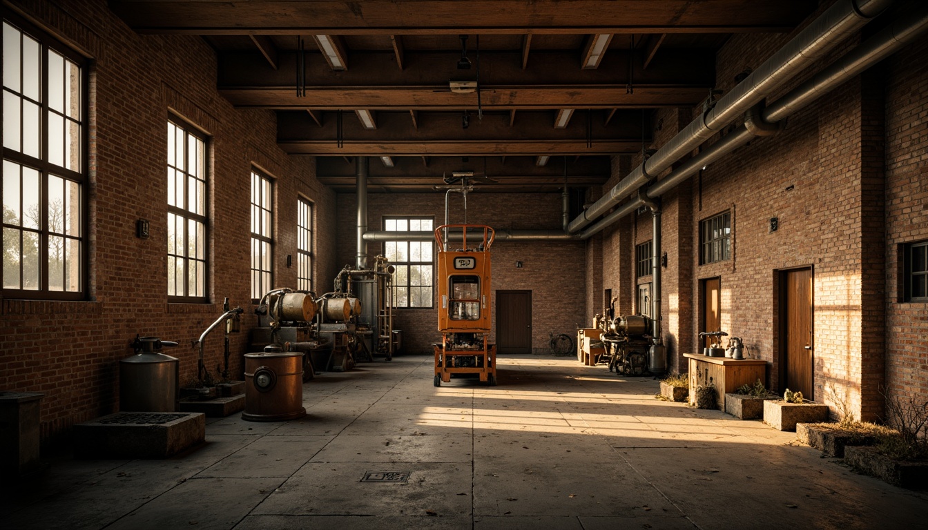 Prompt: Rustic industrial landscape, abandoned factories, distressed brick walls, metal pipes, worn concrete floors, vintage machinery, exposed ductwork, dimly lit atmosphere, warm golden lighting, shallow depth of field, 1/1 composition, realistic textures, ambient occlusion, muted color palette, earthy tones, weathered wood accents, metallic sheen, industrial-grade materials, functional design elements, utilitarian aesthetic, urban decay, post-apocalyptic ambiance.