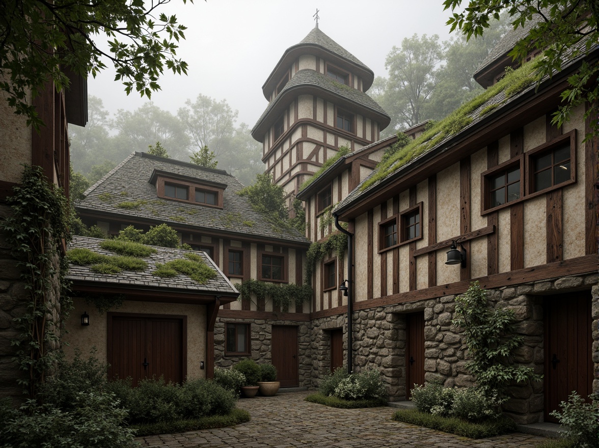 Prompt: Weathered stone walls, rusty metal accents, wooden beam structures, worn brick textures, moss-covered roofs, ivy-clad facades, ancient tree surroundings, misty morning atmosphere, soft warm lighting, shallow depth of field, 3/4 composition, panoramic view, realistic textures, ambient occlusion, medieval-inspired architecture, fortified towers, grandeur scale, mysterious ambiance, eerie silence.