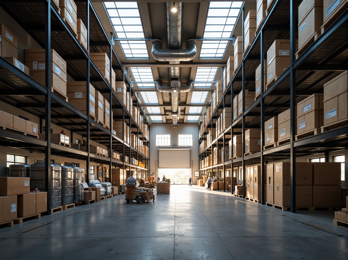 Prompt: Industrial distribution center, high ceilings, exposed ductwork, polished concrete floors, metal shelving units, natural light pouring in through skylights, clerestory windows, translucent panels, soft warm illumination, minimal artificial lighting, open floor plan, functional layout, modern industrial design, steel beams, wooden crates, cardboard boxes, busy warehouse atmosphere, shallow depth of field, 1/1 composition, realistic textures, ambient occlusion.