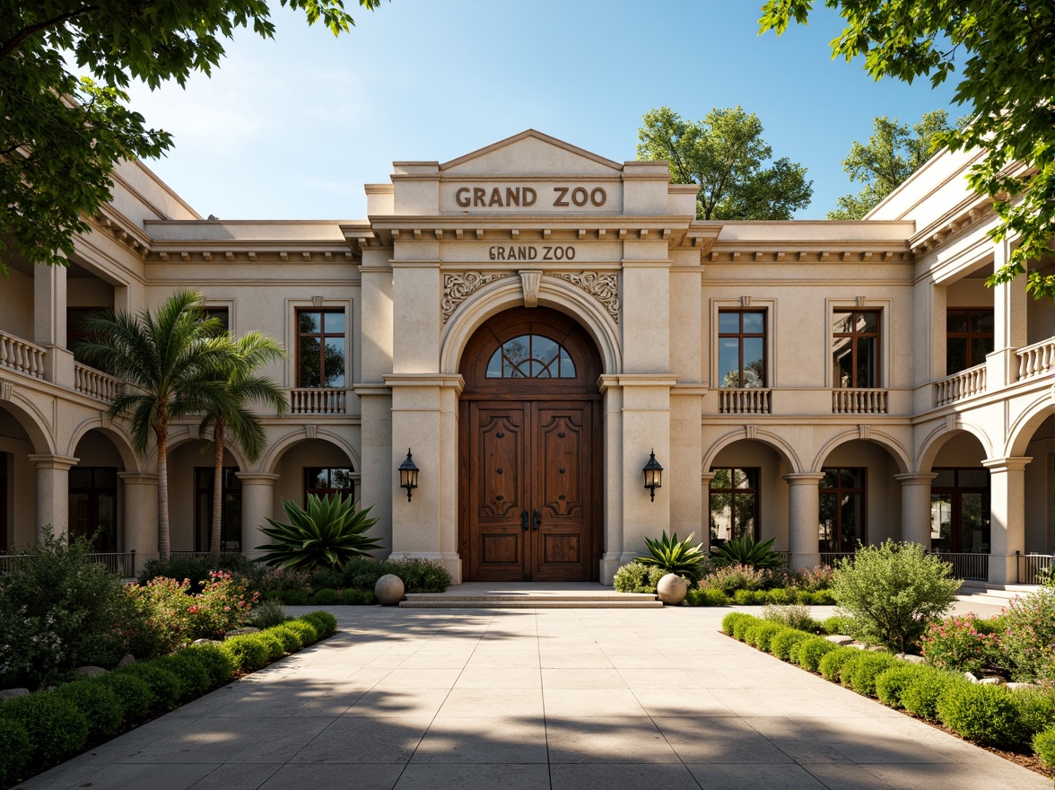 Prompt: Grand zoo entrance, neoclassical facade, ornate columns, carved stone details, symmetrical architecture, majestic archways, intricate moldings, rustic wooden doors, vintage metal lanterns, lush greenery, tropical plants, exotic flowers, sunny day, warm soft lighting, shallow depth of field, 3/4 composition, panoramic view, realistic textures, ambient occlusion.