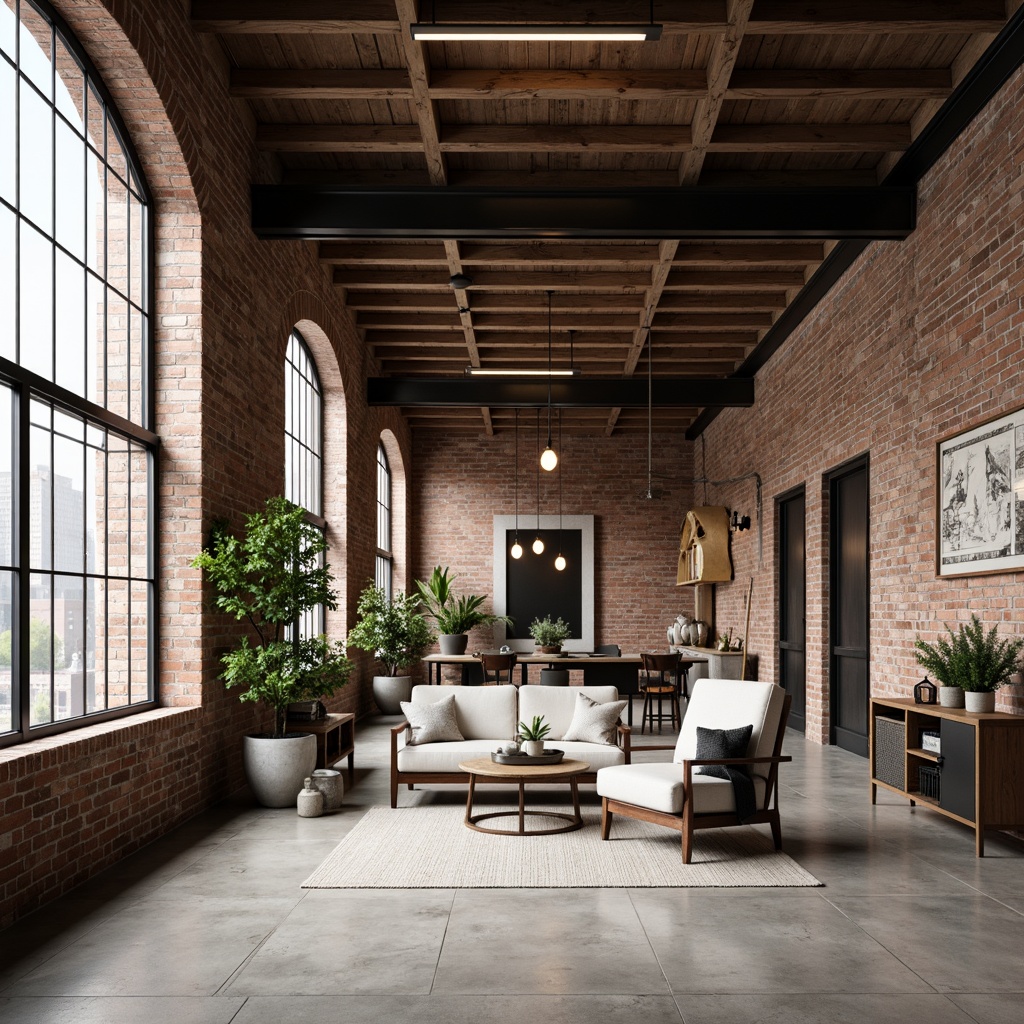 Prompt: Exposed brick walls, metal beams, reclaimed wood accents, industrial-style lighting fixtures, concrete floors, urban cityscape, converted warehouse, modern loft apartments, minimalist decor, functional simplicity, neutral color palette, natural textures, distressed finishes, eclectic furniture pieces, vintage machinery parts, Edison bulbs, steel windows, brutalist architecture, functional spaces, open floor plans, high ceilings, urban renewal projects, revitalized neighborhoods, adaptive reuse designs.