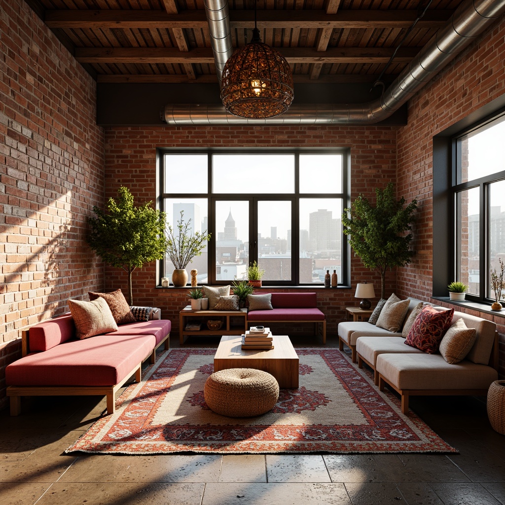 Prompt: Exposed brick walls, reclaimed wood accents, industrial metal beams, urban cityscape views, cozy reading nooks, plush area rugs, vibrant colorful textiles, intricate geometric patterns, Moroccan-inspired tiles, natural fiber upholstery, woven basket lighting fixtures, eclectic art pieces, minimalist decor, abundant natural light, soft warm ambiance, shallow depth of field, 3/4 composition, panoramic view, realistic textures, ambient occlusion.