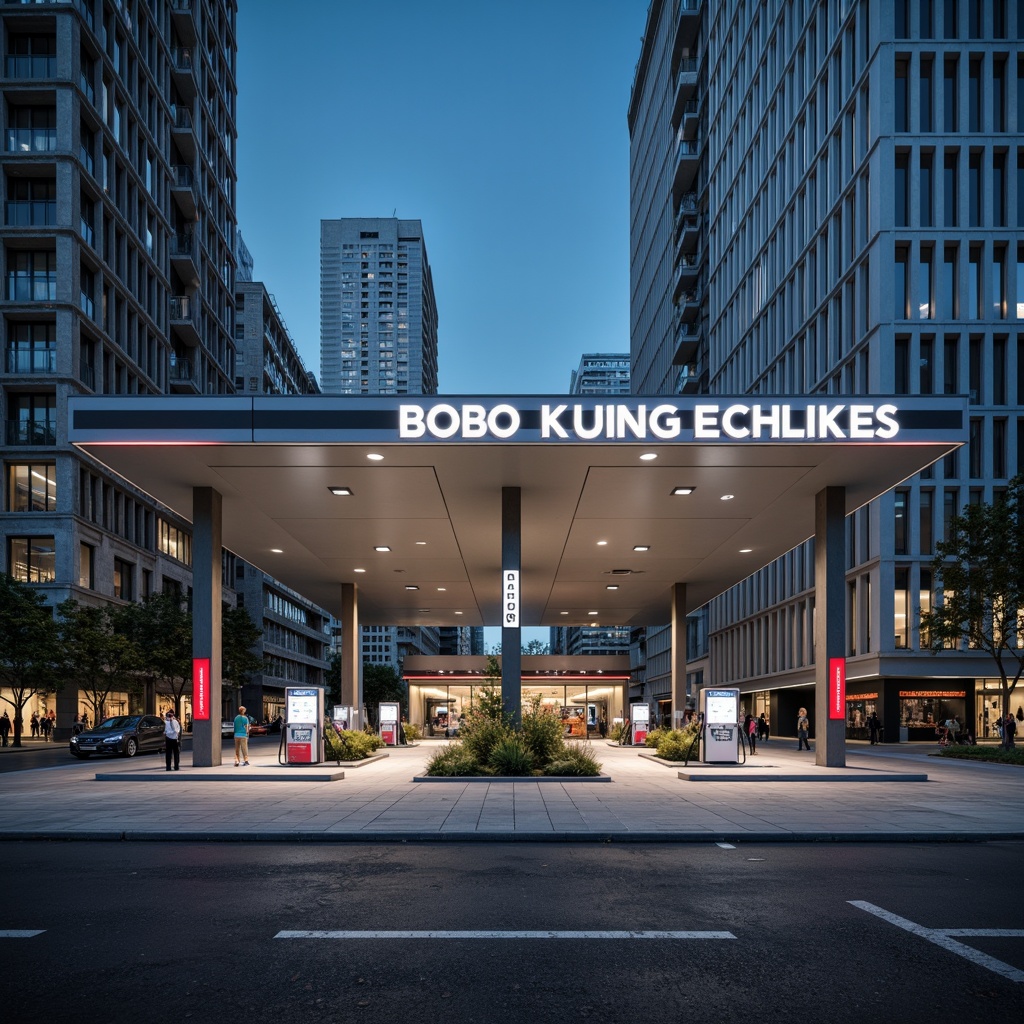 Prompt: Functional gas station, geometric shapes, industrial materials, steel beams, concrete pillars, minimalist aesthetic, bold typography, primary color scheme, functional lighting, urban landscape, busy streets, modern architecture, angular lines, rectangular forms, cantilevered canopies, futuristic vibe, high-contrast shadows, dramatic lighting effects, 1/1 composition, symmetrical framing, realistic textures, ambient occlusion.