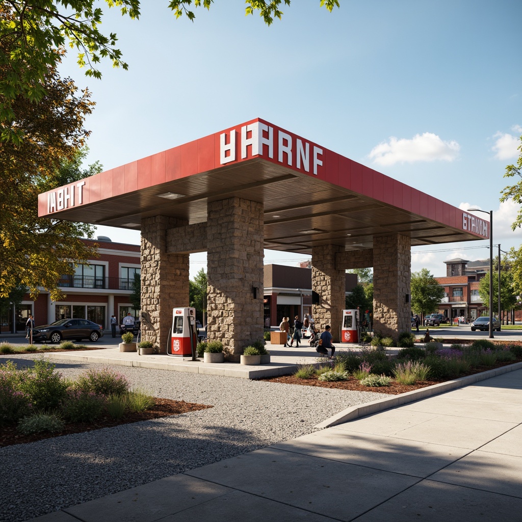 Prompt: Rustic gas station, industrial pipes, functionalist architecture, bold typography, primary color scheme, geometric shapes, minimalist design, natural stone walls, steel beams, large windows, cantilevered canopies, angular lines, modernist landscaping, native plants, gravel pathways, urban context, busy streets, morning sunlight, high contrast lighting, shallow depth of field, 2/3 composition, realistic textures, ambient occlusion.