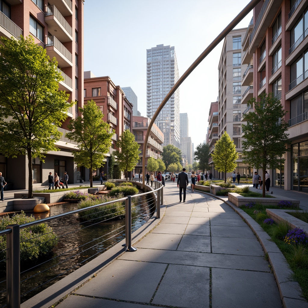 Prompt: Curved pedestrian bridge, sleek metal railings, modernist architecture, urban cityscape, vibrant street art, bustling streets, morning sunlight, soft warm lighting, shallow depth of field, 3/4 composition, panoramic view, realistic textures, ambient occlusion, integrated landscaping, lush greenery, blooming flowers, natural stone walkways, water features, reflecting pools, modern street furniture, innovative urban design, sustainable materials, eco-friendly infrastructure.