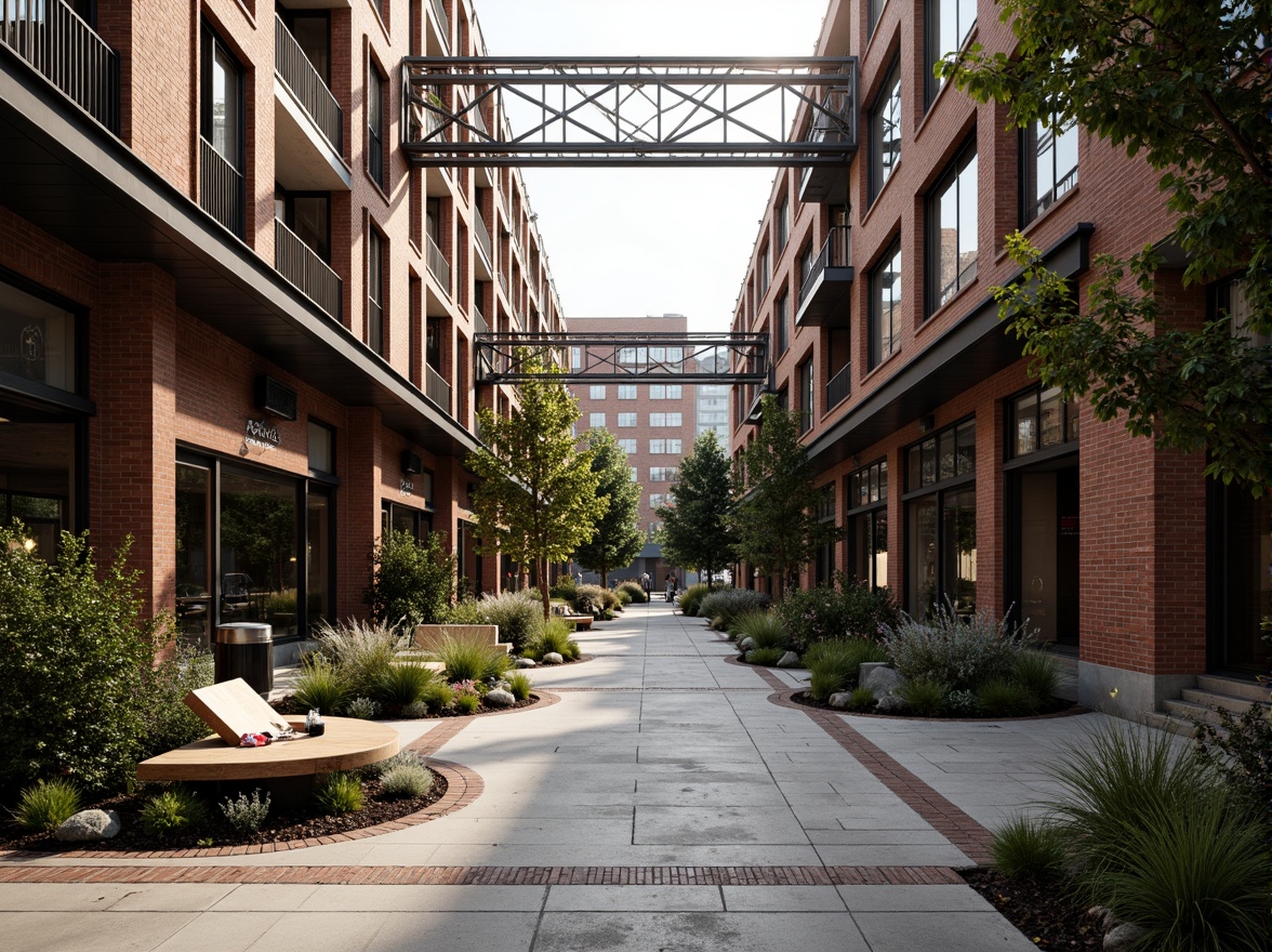 Prompt: Rustic warehouse district, industrial heritage, exposed brick facades, metal accents, reclaimed wood features, urban green spaces, native plant species, meandering walkways, weathered steel benches, distressed concrete textures, functional drainage systems, overhead crane tracks, vintage signage, warm atmospheric lighting, shallow depth of field, 2/3 composition, symmetrical framing, realistic material rendering.