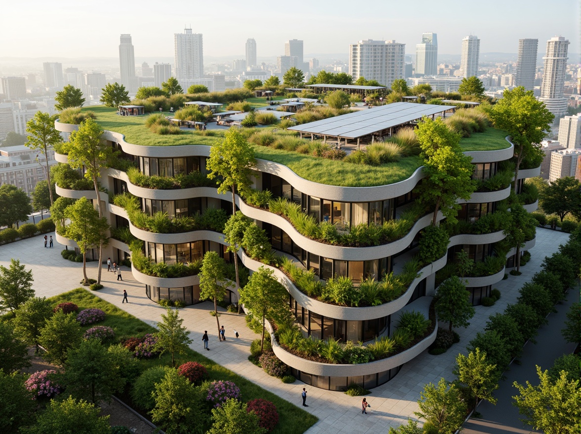 Prompt: Eco-friendly building, lush green roofs, solar panels, wind turbines, rainwater harvesting systems, recycled materials, natural ventilation, large windows, minimal carbon footprint, energy-efficient systems, sustainable urban planning, vibrant green walls, living walls, vertical gardens, organic shapes, curved lines, earthy tones, warm natural lighting, shallow depth of field, 1/1 composition, realistic textures, ambient occlusion.