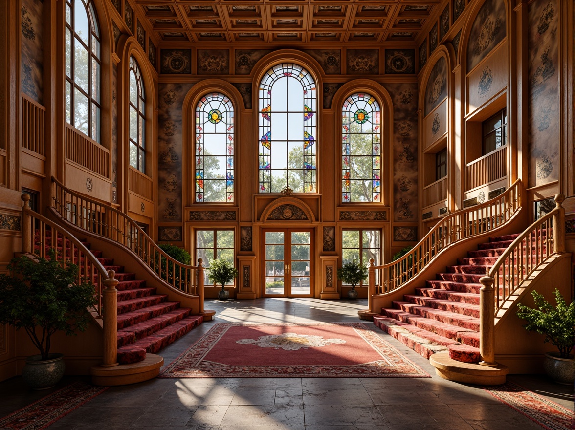 Prompt: Elegant Art Nouveau school interior, ornate wooden paneling, sinuous lines, flowing curves, stained glass windows, vibrant colorful tiles, intricate metalwork, grand staircases, sweeping archways, luxurious velvet fabrics, richly patterned rugs, warm golden lighting, soft focus, shallow depth of field, 1/1 composition, realistic textures, ambient occlusion.