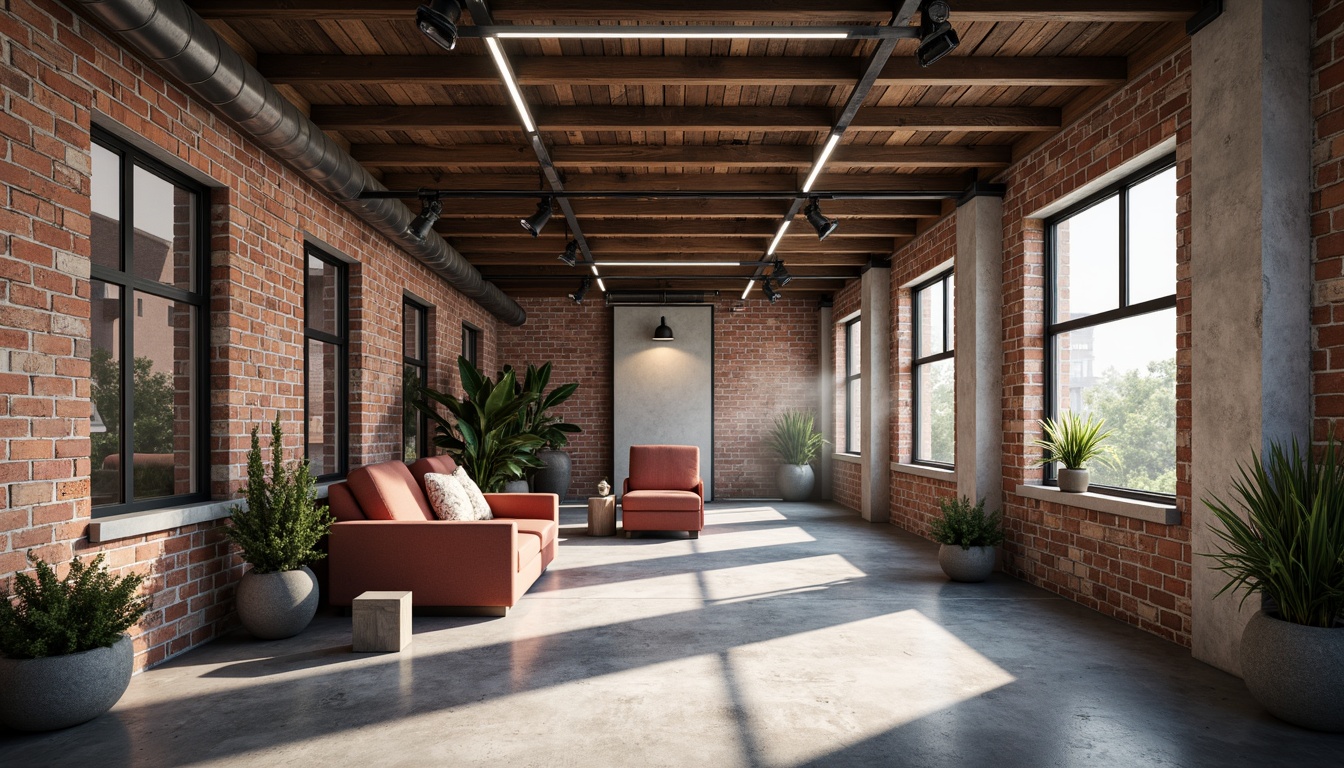 Prompt: Exposed brick walls, metal beams, reclaimed wood accents, industrial-style lighting fixtures, concrete floors, urban loft atmosphere, modern minimalist decor, functional pipes, distressed textures, neutral color palette, natural light pouring in, shallow depth of field, 1/1 composition, realistic renderings, ambient occlusion.