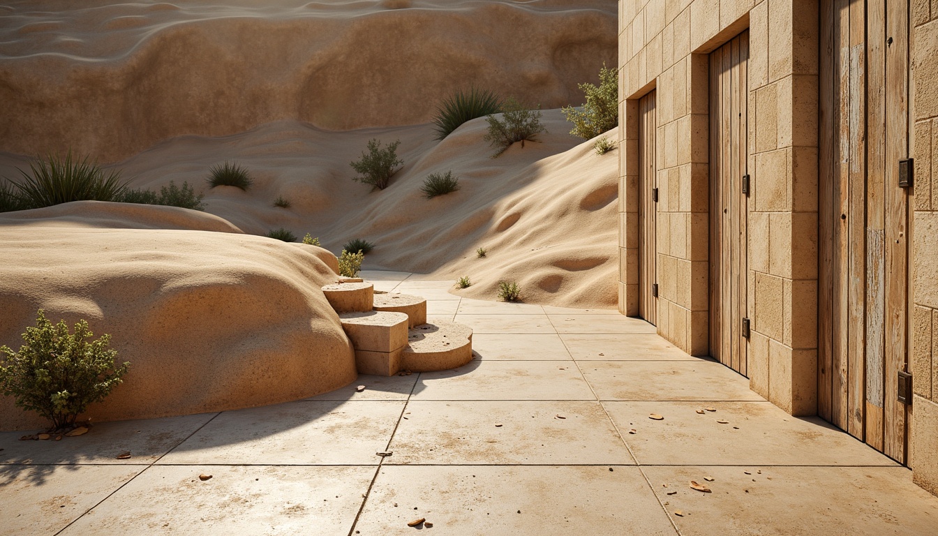 Prompt: Weathered sandy dunes, rough stone walls, rustic wooden planks, worn concrete floors, peeling paint textures, distressed metal surfaces, faded fabric patterns, natural earthy tones, warm beige colors, soft golden lighting, shallow depth of field, 1/1 composition, realistic normal maps, ambient occlusion.