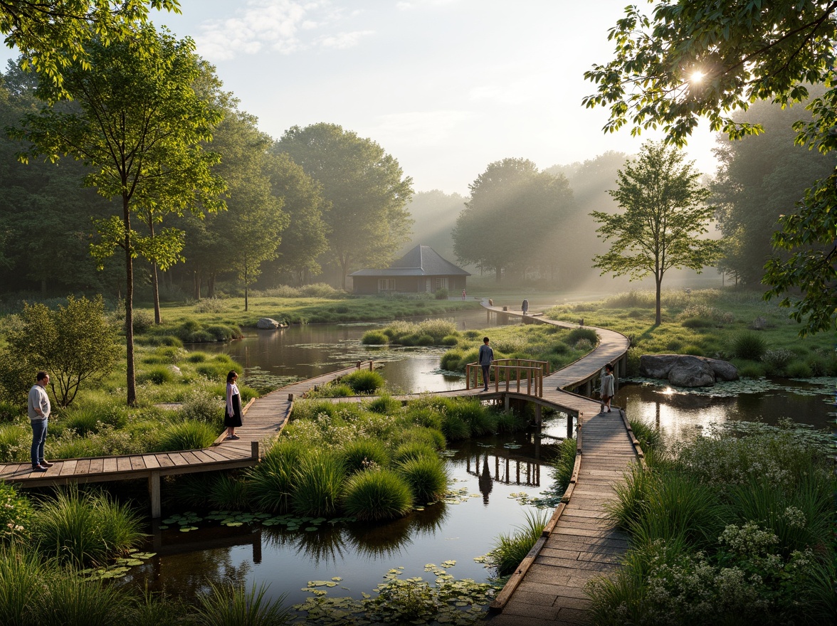 Prompt: Serene wetland landscape, lush vegetation, tranquil water bodies, winding streams, rustic wooden boardwalks, observation decks, educational signs, native aquatic plants, diverse wildlife habitats, natural stone pathways, meandering trails, soft warm lighting, shallow depth of field, 3/4 composition, panoramic view, realistic textures, ambient occlusion, misty morning atmosphere, vibrant greenery, earthy tones, organic forms, sustainable design principles.