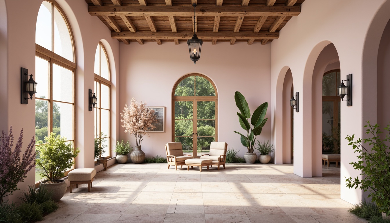 Prompt: Soft lilac hues, pastel pink undertones, creamy whites, warm beige accents, rich wood textures, natural stone floors, elegant archways, ornate metal fixtures, lush greenery, blooming flowers, serene atmosphere, soft warm lighting, shallow depth of field, 3/4 composition, realistic textures, ambient occlusion.