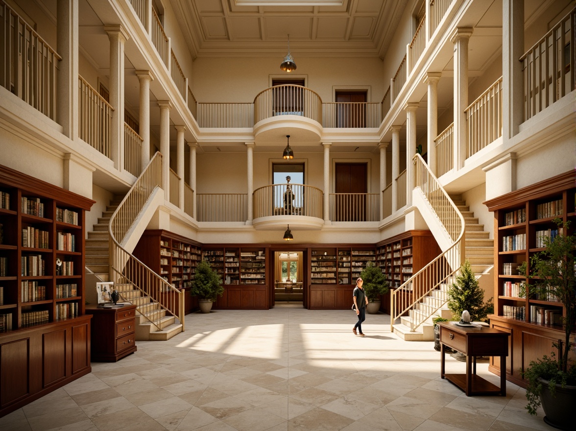 Prompt: Elegant research center, neoclassical architecture, cream-colored stone facades, ornate columns, grand entrance halls, sweeping staircases, rich wood paneling, leather-bound tomes, vintage scientific instruments, warm golden lighting, soft focus, shallow depth of field, 2/3 composition, symmetrical framing, realistic textures, subtle ambient occlusion.