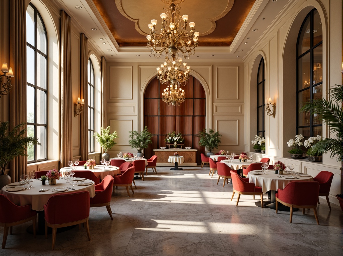 Prompt: Elegant dining hall, luxurious chandeliers, rich wood tones, warm beige walls, soft cream accents, velvety red upholstery, golden metallic fixtures, sophisticated gray marble floors, lavish greenery, natural light pouring in, airy atmosphere, shallow depth of field, 1/1 composition, realistic textures, ambient occlusion.