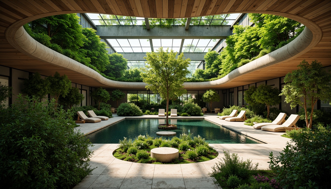 Prompt: Lush green walls, natural stone floors, reclaimed wood accents, living roofs, verdant courtyards, organic shapes, curved lines, earthy tones, abundant daylight, clerestory windows, skylights, solar tubes, bioluminescent lighting, water features, koi ponds, bamboo forests, tropical plants, natural ventilation systems, passive design strategies, eco-friendly materials, sustainable building practices, minimal carbon footprint, futuristic yet organic architecture, seamless indoor-outdoor transitions, panoramic views, realistic textures, ambient occlusion.