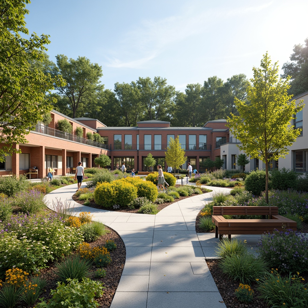 Prompt: Vibrant elementary school campus, lush green roofs, blooming flower gardens, natural stone walkways, wooden benches, educational signage, interactive outdoor classrooms, butterfly-friendly plants, birdhouses, rainwater harvesting systems, eco-friendly materials, modern architecture, large windows, sliding glass doors, abundant natural light, soft warm lighting, shallow depth of field, 3/4 composition, panoramic view, realistic textures, ambient occlusion.