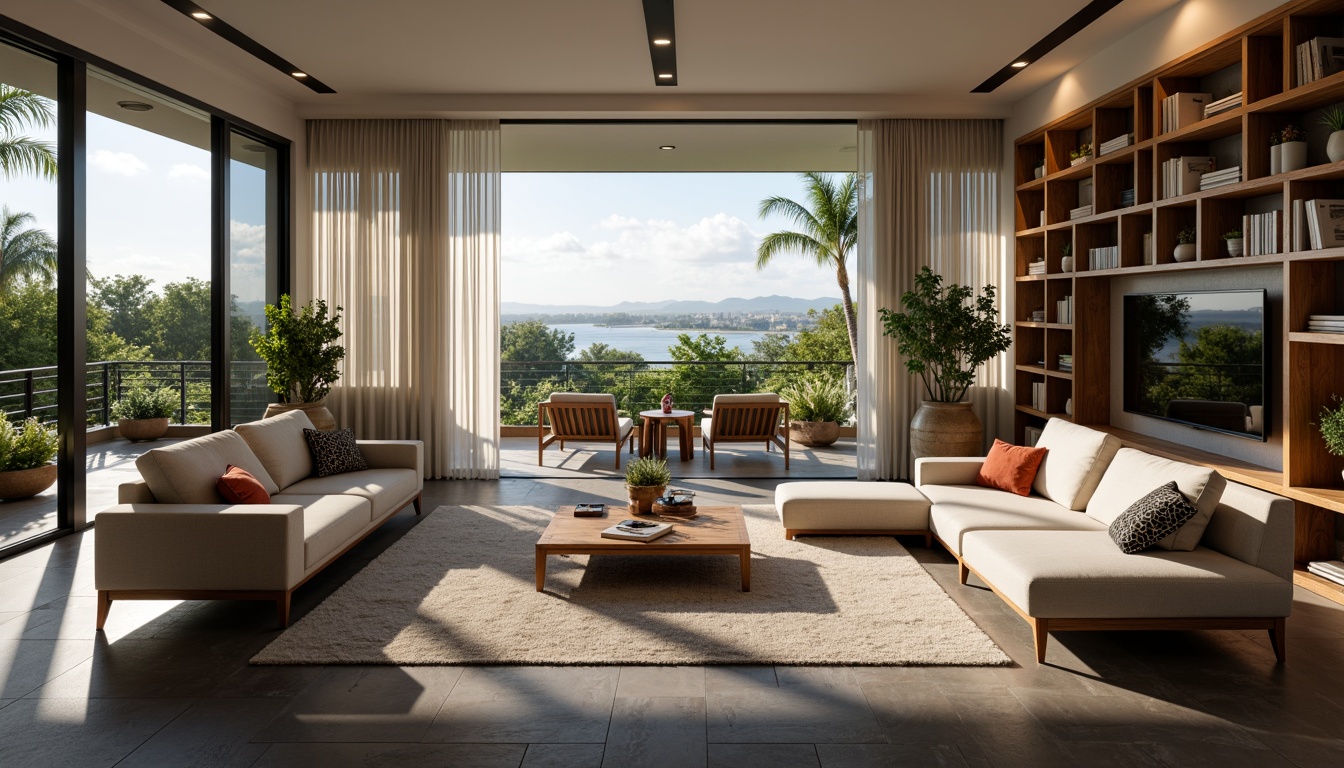 Prompt: Cozy living room, comfortable sofas, wooden coffee tables, soft cushions, warm lighting, modern minimalist decor, functional shelving units, sleek TV stands, spacious open-plan layout, natural stone flooring, earthy color palette, lush greenery, floor-to-ceiling windows, sliding glass doors, panoramic city views, 1/1 composition, shallow depth of field, realistic textures, ambient occlusion.