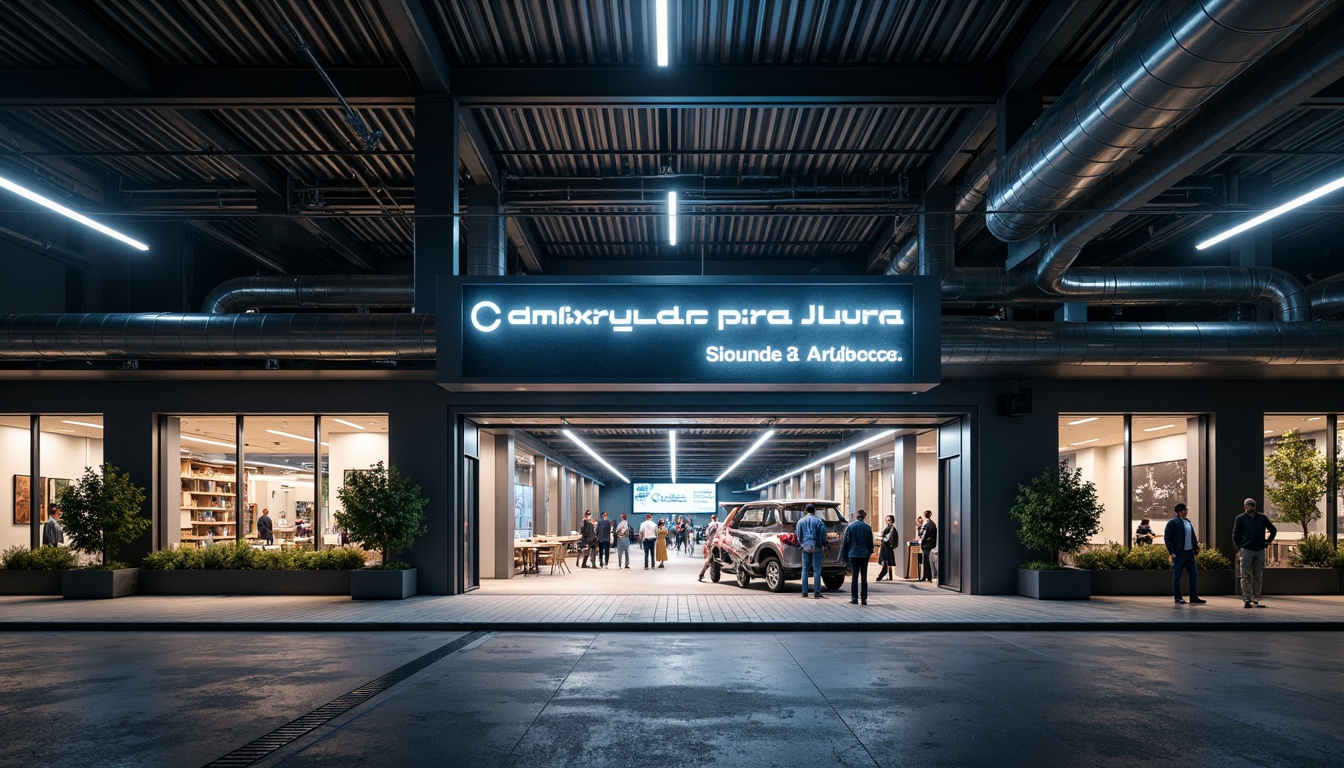 Prompt: Industrial warehouse facade, high-tech aesthetic, metallic materials, exposed ductwork, sleek LED lighting, minimalist signage, urban cityscape, concrete pavement, steel beams, industrial chic decor, modern architecture, large windows, sliding glass doors, polished metal accents, futuristic ambiance, dramatic shadows, low-key lighting, 1/1 composition, realistic textures, ambient occlusion.