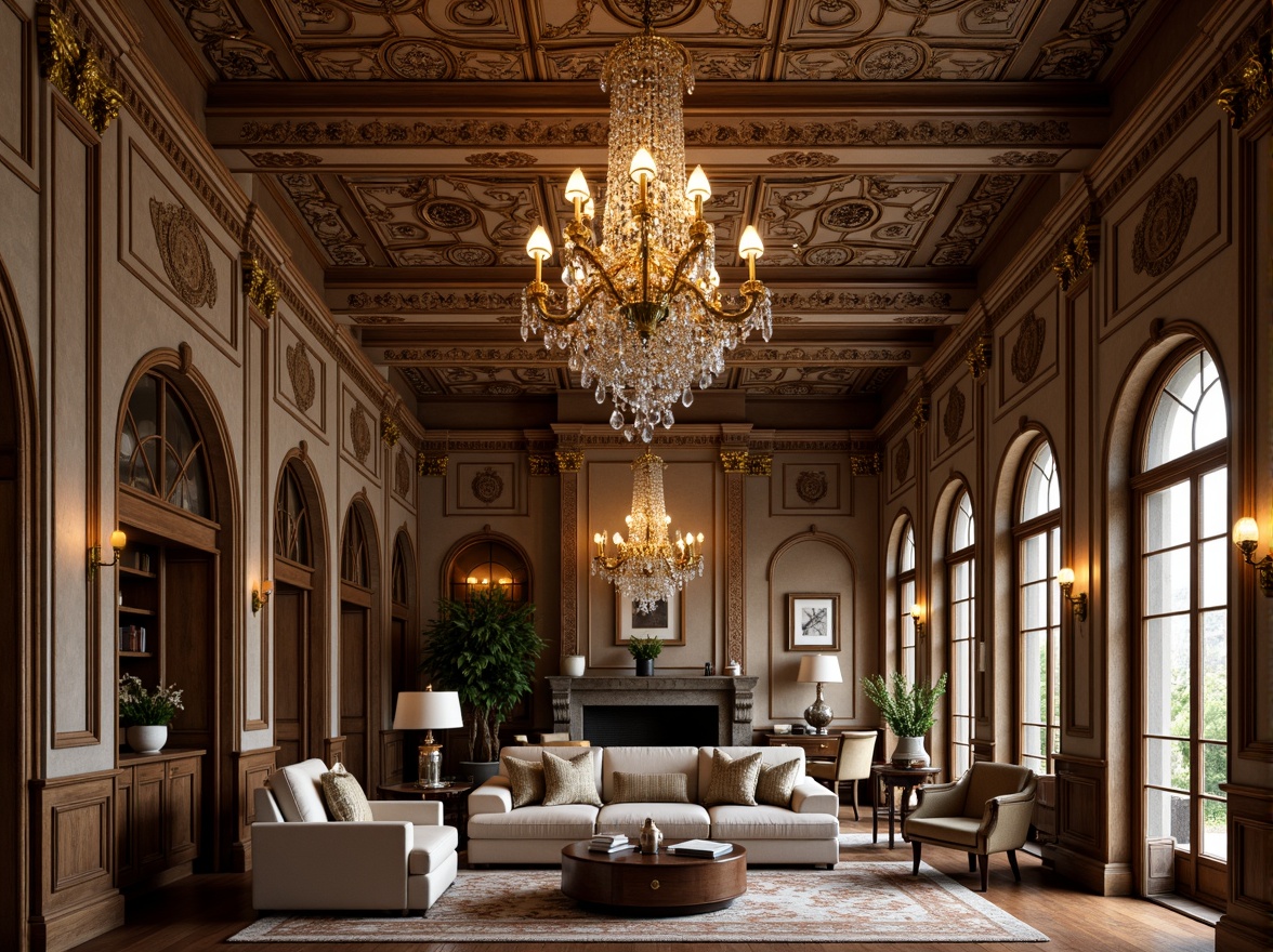 Prompt: Renaissance-style apartments, ornate ceiling decorations, intricate moldings, luxurious chandeliers, crystal droplets, golden accents, rich wood tones, coffered ceilings, barrel vaults, decorative arches, soft warm lighting, ambient shadows, 3/4 composition, realistic textures, subtle color palette, elegant furnishings, refined interior design, sophisticated ambiance, upscale living spaces.