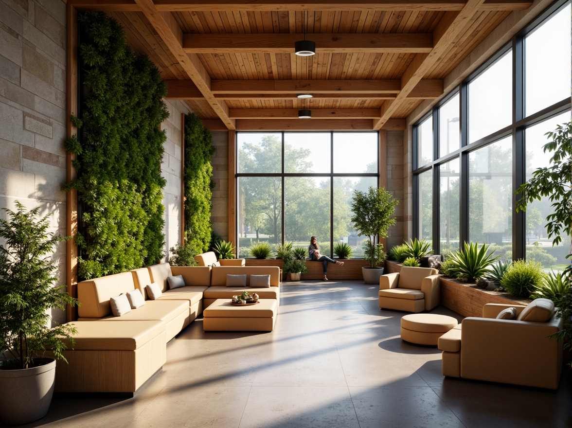 Prompt: Cozy student lounge, warm wooden accents, large windows, soft diffused lighting, natural stone walls, greenery installations, vibrant plants, comfortable seating areas, minimalist decor, calming color palette, abundant daylight, gentle shadows, 1/1 composition, shallow depth of field, realistic textures, ambient occlusion.