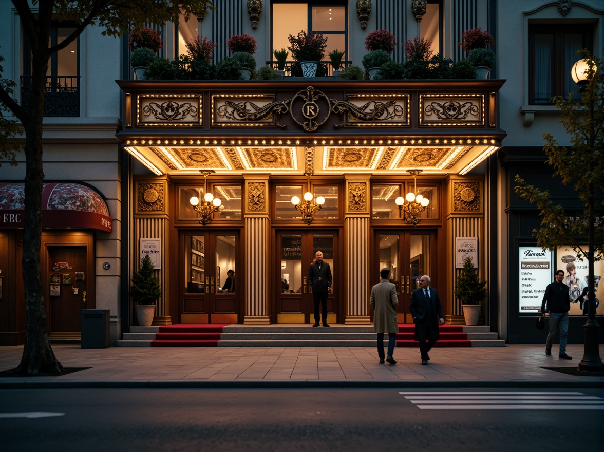 Prompt: Ornate cinema facade, vintage signage, decorative cornices, grand entranceways, red carpeting, golden accents, intricate moldings, ornamental columns, cinematic lighting, warm color palette, nostalgic atmosphere, urban cityscape, bustling streets, evening ambiance, soft focus, shallow depth of field, 1/2 composition, cinematic framing, realistic textures, ambient occlusion.