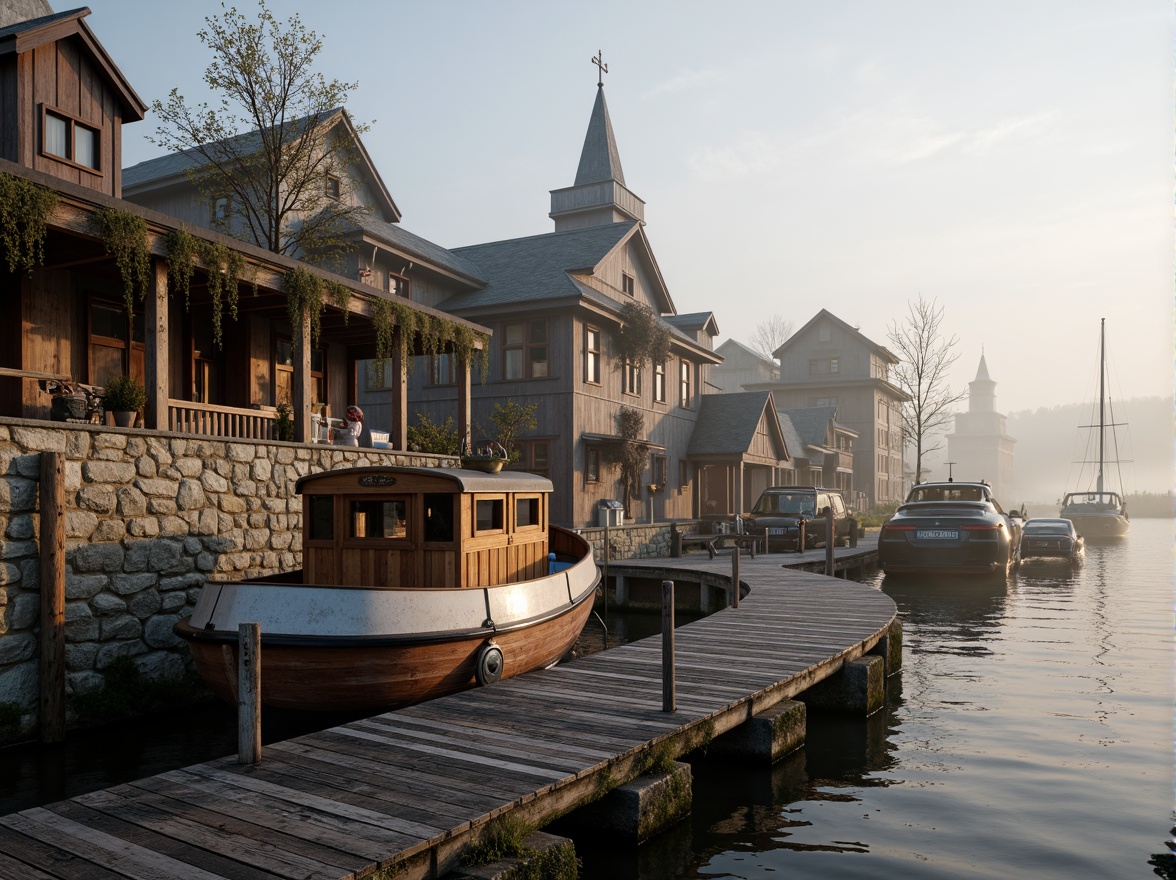 Prompt: Rustic wooden docks, weathered boat hulls, nautical ropes, distressed metal accents, reclaimed wood planks, earthy stone foundations, moss-covered roofs, serene lake surroundings, misty morning atmosphere, soft warm lighting, shallow depth of field, 3/4 composition, panoramic view, realistic textures, ambient occlusion.