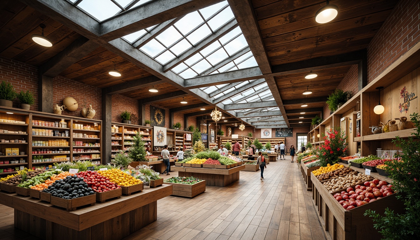 Prompt: Vibrant grocery store interior, eclectic style, natural lighting, large skylights, wooden accents, exposed brick walls, industrial metal beams, colorful product displays, fresh produce stands, artisanal food sections, distressed wood shelves, vintage decorative items, warm earthy tones, soft diffused light, shallow depth of field, 1/1 composition, realistic textures, ambient occlusion.