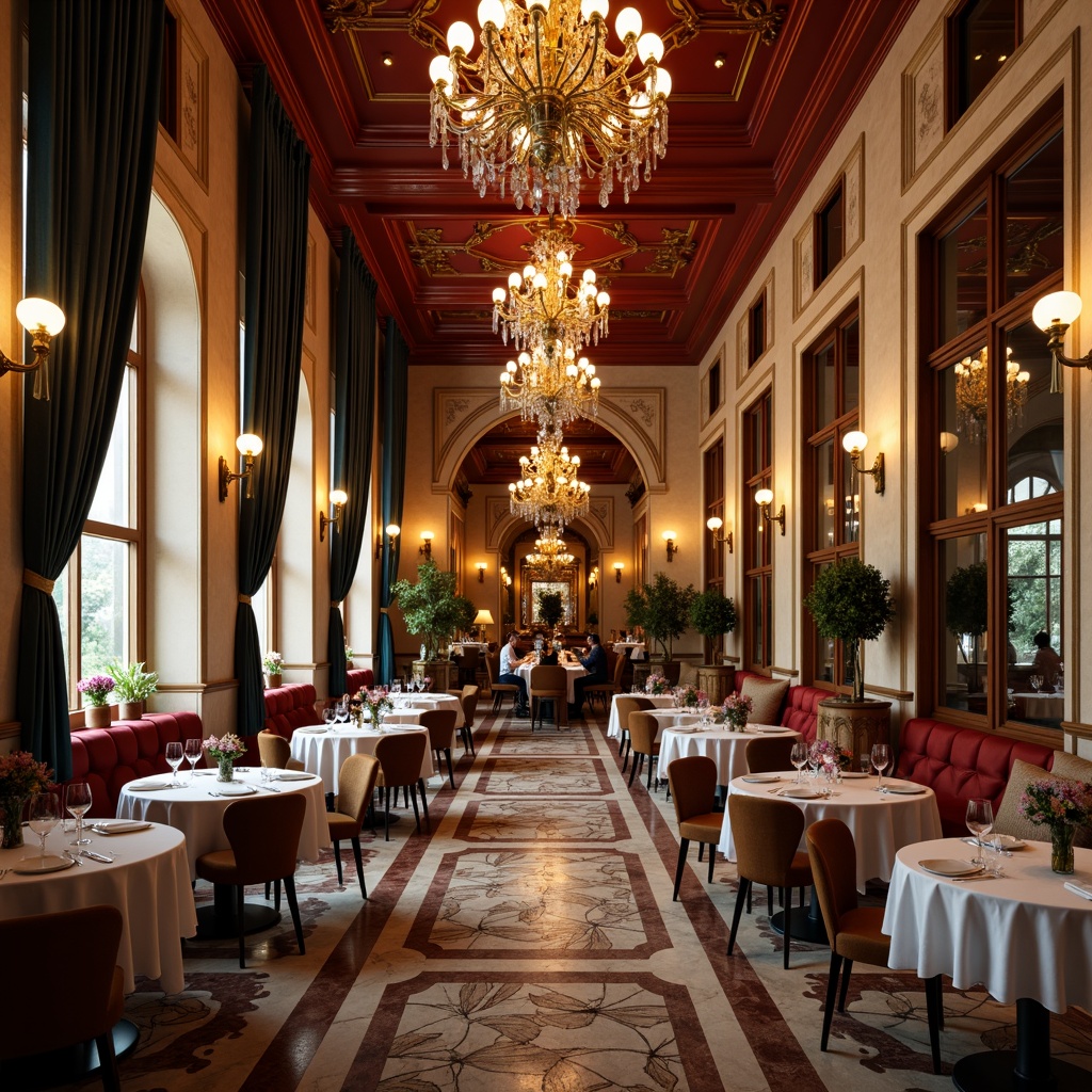 Prompt: Luxurious baroque restaurant, rich velvet drapes, ornate gold accents, lavish crystal chandeliers, warm beige walls, deep crimson reds, regal blues, soft cream whites, intricate marble patterns, rustic wooden floors, vintage distressed finishes, dramatic high ceilings, grandiose archways, opulent furnishings, romantic candlelight, warm golden lighting, shallow depth of field, 1/1 composition, realistic textures, ambient occlusion.