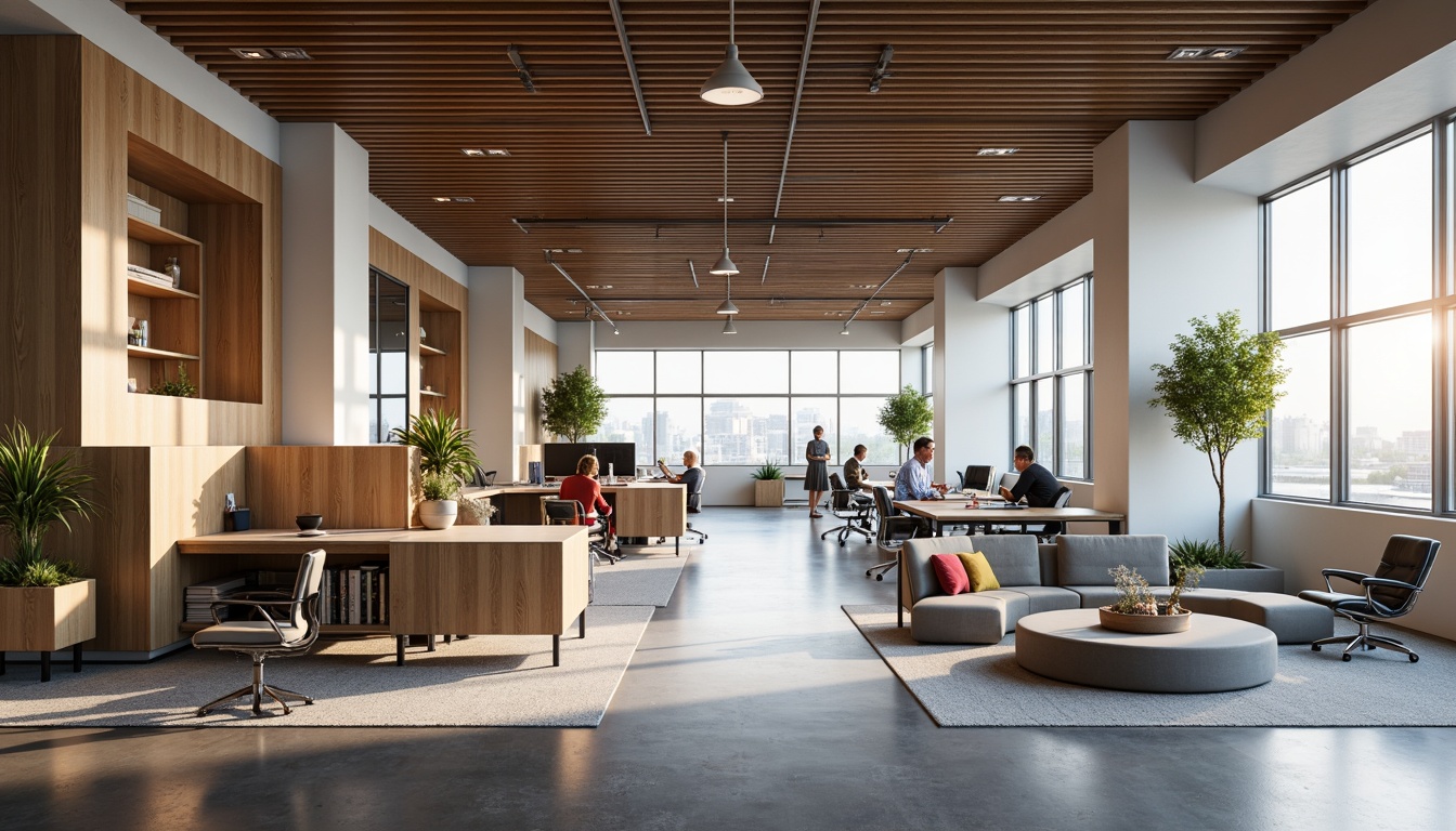 Prompt: Functional office space, modern minimalist decor, sleek metal furniture, ergonomic chairs, spacious workstations, collaborative meeting areas, acoustic panels, natural wood accents, floor-to-ceiling windows, abundant natural light, soft warm lighting, 1/1 composition, shallow depth of field, realistic textures, ambient occlusion.